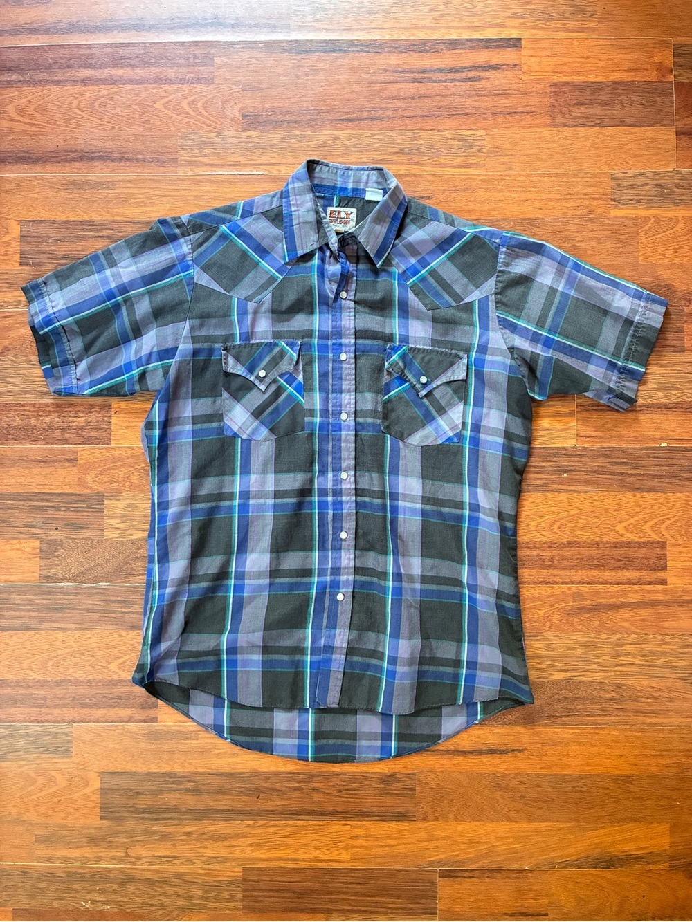 Men's Ely Cattlemen Short-Sleeve Plaid Snap Button-Down Shirt - Blue/Black